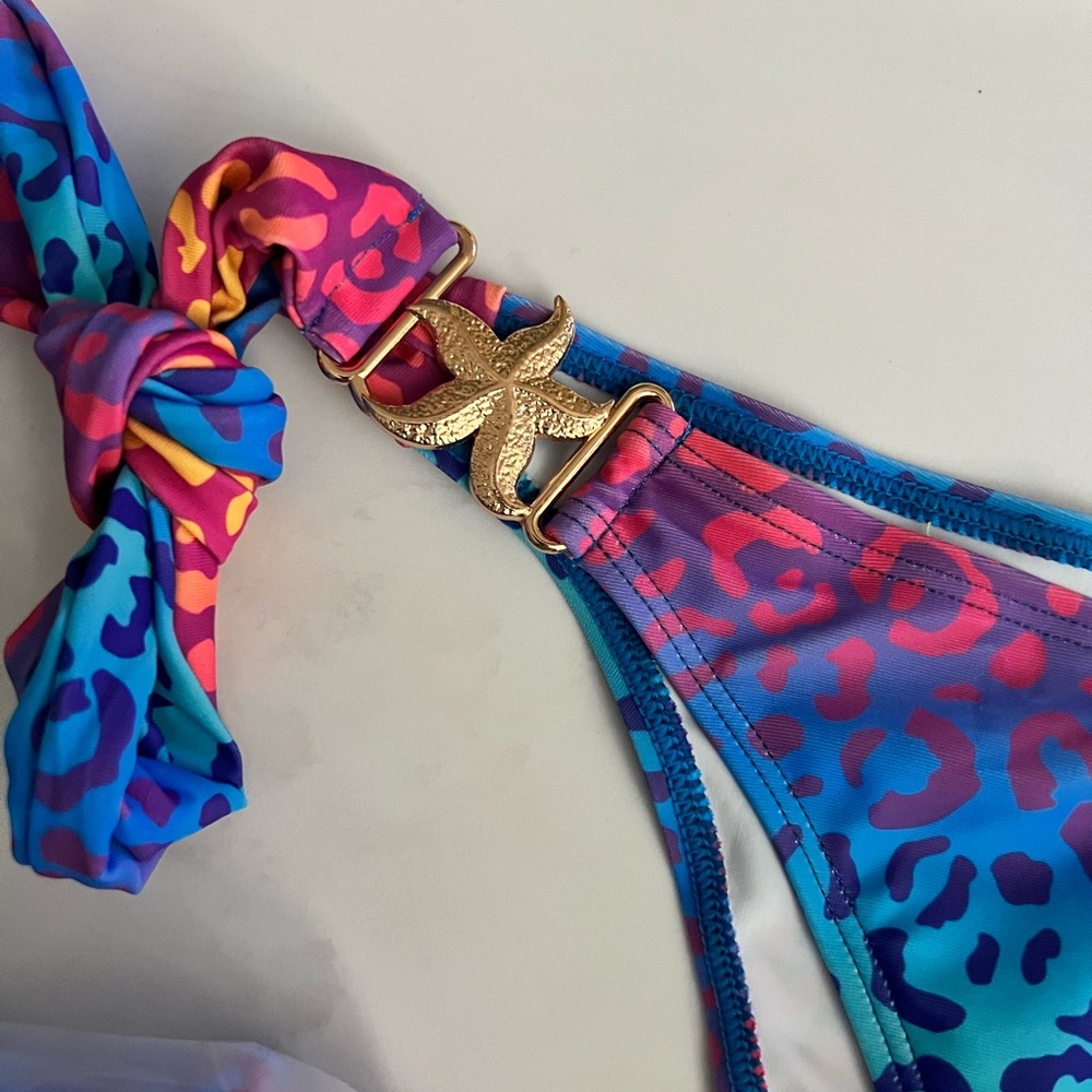 Blue Pink Leopard Halter Starfish Decor Side Tie Bikini Set - Picture 10 of 12